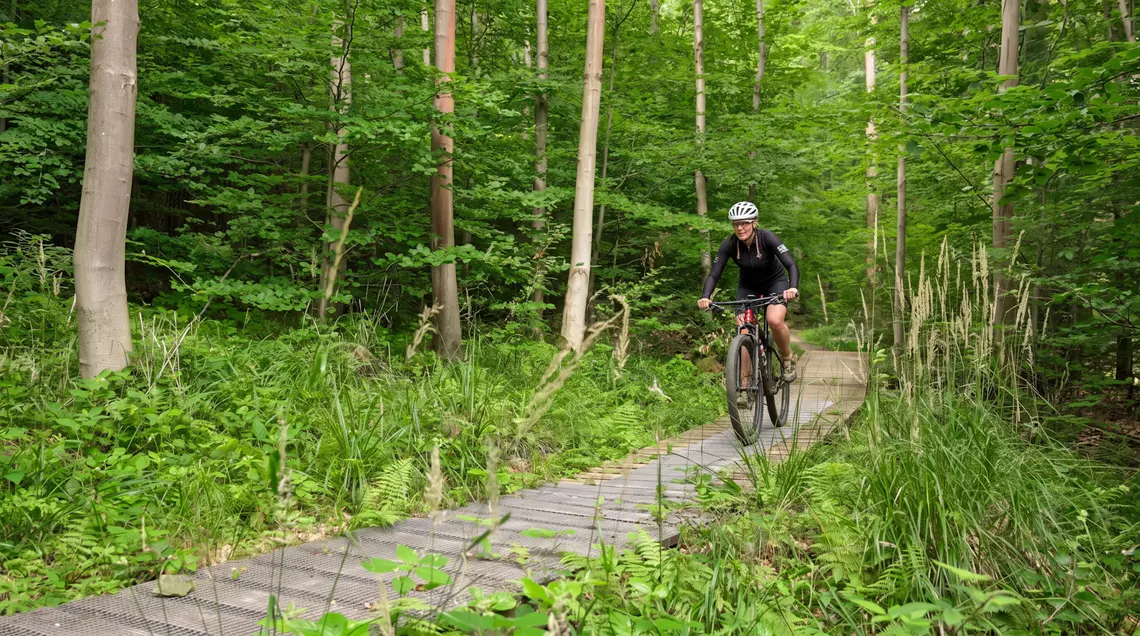 Autorka jedzie pomostem na jednej z tras Singletrack Glacensis.